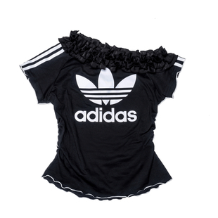 Adidas/三叶草 Remake大logo一字领斜肩荷叶边短袖T恤女ENCOMPASS