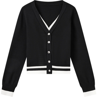 爱居兔春季经典黑白撞色高级时尚假两件针织衫外套