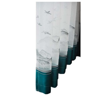 新中式田园成品窗帘透光纱帘卧室阳台山水画刺绣花定制客厅飘窗纱