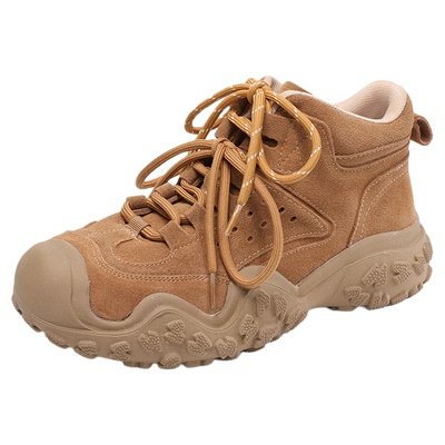 真皮厚底马丁靴女棕色短靴登山