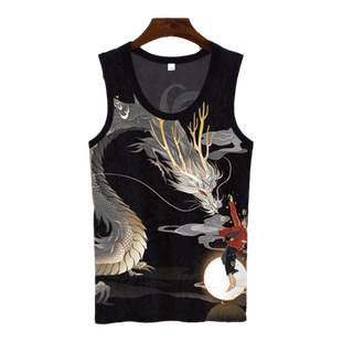 龙印花无袖T恤男士背心夏休闲冰丝速干坎肩大码运动薄款二道坎袖