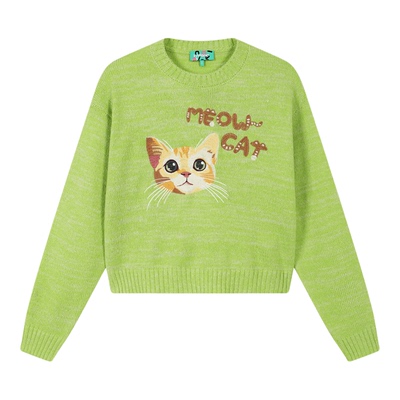 innplanet26夏季新款文艺绿色卡通猫咪休闲针织衫毛衣PO31KN043A