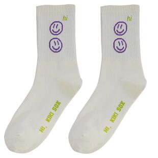 彩色笑脸中筒袜运动学院风纯棉春秋字母女网红外穿配鲨鱼裤的袜子