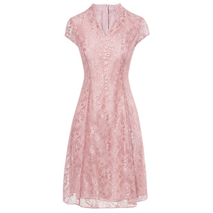 皮尔卡丹女装2022年夏季新款粉色温柔淡雅蕾丝连衣裙C11DS23F0