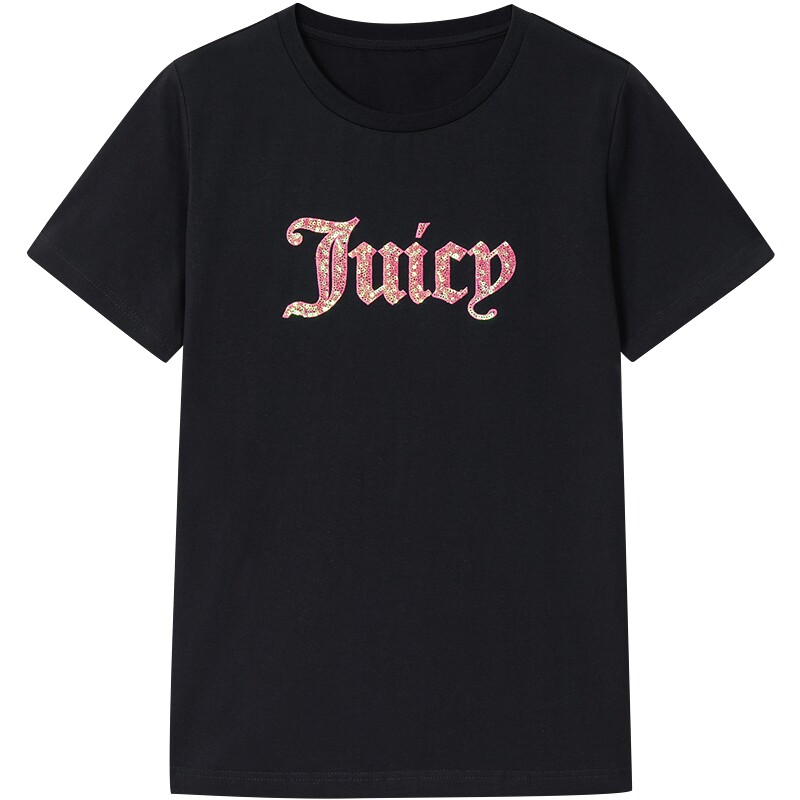 Juicy Couture橘滋T恤女新款立体亮片刺绣黑色基础短袖上衣