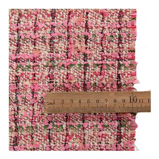 复古树莓粉小香风条纹粗花呢布料做衣服西装外套包包diy定制面料