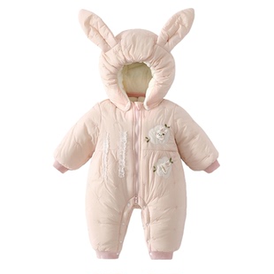 婴儿秋冬夹棉加厚棉衣连体衣宝宝拉链带帽防风保暖外出服卡通爬服