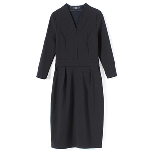 职业连衣裙女春装2026新款黑色V领中长款气质修身显瘦包臀一步裙