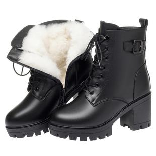 全牛皮棉鞋女鞋冬季加绒加厚底马丁靴高跟真皮毛一体羊毛棉靴短靴
