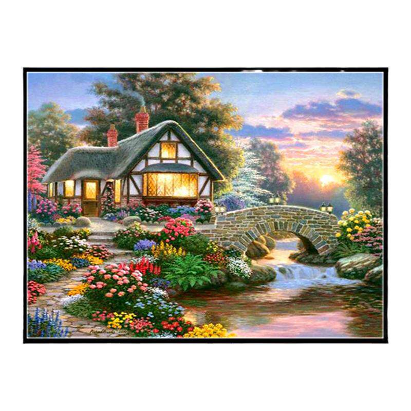河边小屋钻石绣小桥流水田园风景