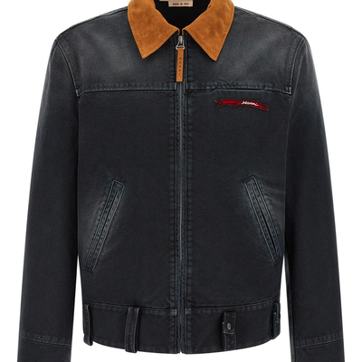 MARNI 男士黑色做旧棉质皮领细节翻领牛仔夹克26早春新意大利代购