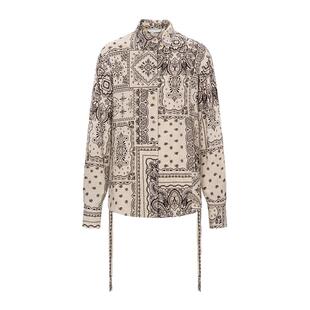 BALIANG「捌樑」棉麻混纺翻领复古腰果花两色宽松绑带长袖衬衫