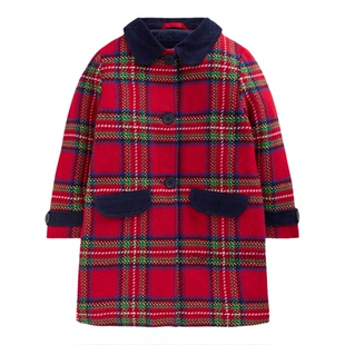 英国Mini BODEN女童红色格子羊毛大衣外套加厚新年2-12岁G5623