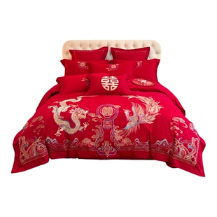 结婚纯棉四件套新婚喜庆大红色刺绣婚嫁陪嫁全棉被套床单床上用品