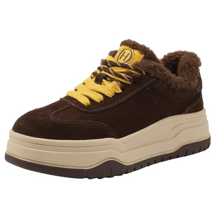 红粉知己复古咖色厚底加绒休闲板鞋女2026春季新款百搭高帮面包鞋