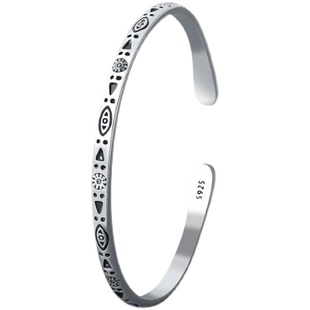 复古泰银鸡血藤手镯个性女泰国花纹开口镯子手环送闺蜜礼物民族风