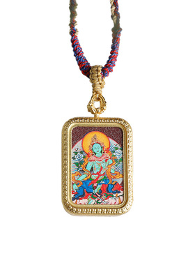 朱砂藏传健康守护绿度母唐卡吊坠