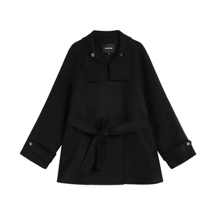 pusumede 暮光之城 黑色绵羊毛立领呢子外套女高级感短款毛呢大衣