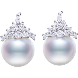 黛米珠宝 倩雯 11-12mm圆形白色淡水珍珠耳钉女S925银大耳环耳饰