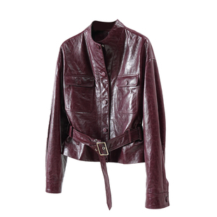 王珞丹同款高级感油蜡羊皮束腰工装红色真皮皮衣2026春新款皮夹克
