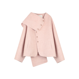 BLUEerror 高织密纺羊驼毛双面呢毛呢外套女短款围巾粉色呢子秋冬