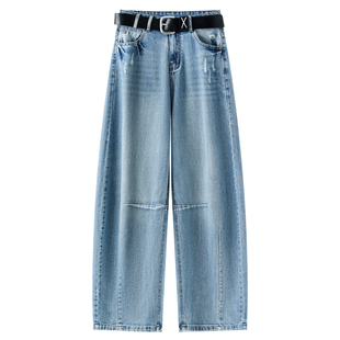 浅蓝色破洞弯刀牛仔裤女2026新款春季时尚复古高腰宽松镰刀裤长裤