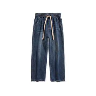 复古直筒牛仔裤男士秋冬新款美式潮牌松紧腰阔腿宽松大码休闲裤子