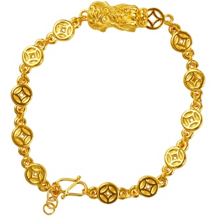 黄金金钱貔貅手链男女款999真足金硬金招财纳福事业有成麒麟手镯