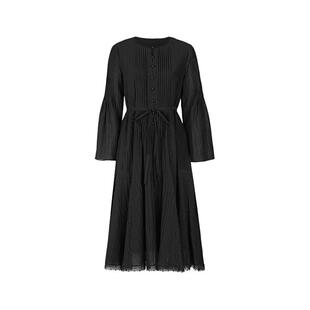 sdeer圣迪奥春秋女装复古圆领风琴褶收腰镂空花边连衣裙S243Z1293