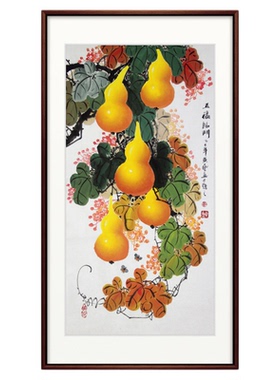 手绘五福临门宣纸国画葫芦画黄艺