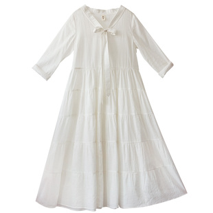 忆旧【悠闲假日】白色苎麻连衣裙女夏季宽松套头荷叶边拼接长裙子