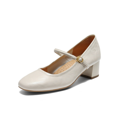 百丽女鞋子法式羊皮粗高跟玛丽珍鞋女秋季新款浅口单鞋子BFS03CQ5