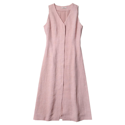 TANG TOWN 自制 全亚麻V领无袖连身裙中长款连衣裙2025夏季新品