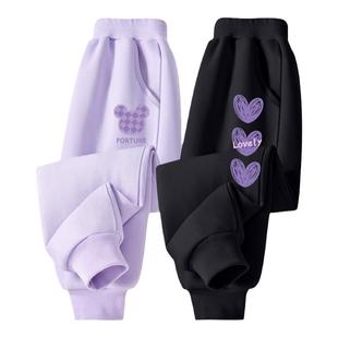 拉夏贝尔女童加绒裤子外穿秋冬一体绒2025新款运动裤薄绒儿童冬装