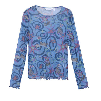 MOVEUP幻走2026春季新款.FUN系列趣味印花波浪密边网纱短款T恤女