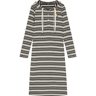 妖精的口袋复古条纹连帽连衣裙女2026年早春新款休闲宽松直筒长裙