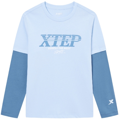 特步童装秋冬儿童运动上衣中大童男童纯棉T拼接假两件长袖针织衫