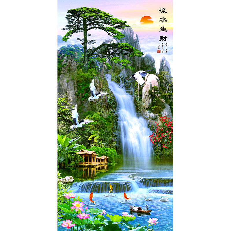 玄关贴画山水画3d立体墙贴自粘装饰画客厅走廊入户对门背景壁纸画