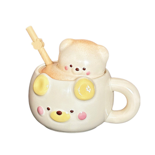 超可爱小熊陶瓷马克杯高颜值带盖吸管水杯软萌治愈系伴手礼送女生