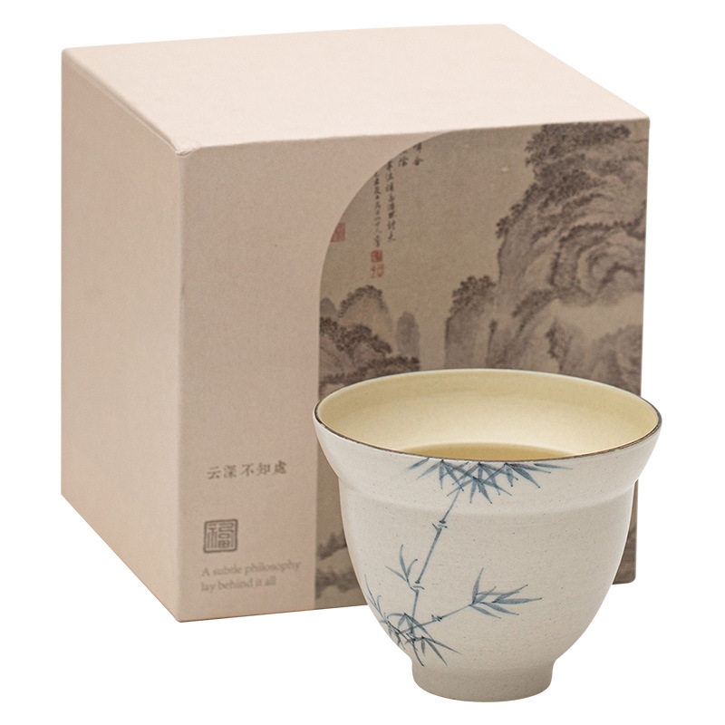 粉引白手绘竹福雅杯葫芦杯侘寂风陶瓷品茗杯功夫茶杯小单杯主人杯