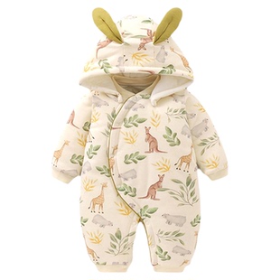 婴儿夹棉外出服220克棉服婴儿连体衣秋冬季带帽加厚宝宝哈衣爬服