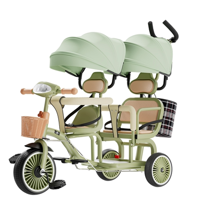 双人儿童脚踏手推三轮车