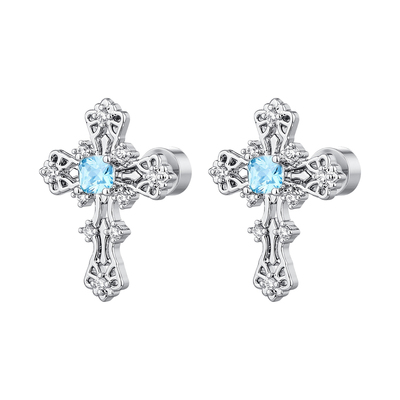碎冰蓝十字架耳钉男款钛合金耳饰