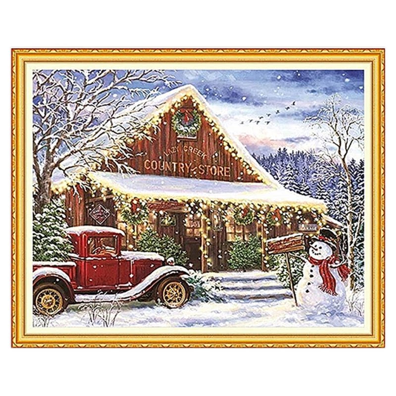 雪景十字绣圣诞乡村小木屋老爷车