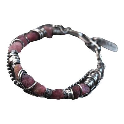 原始粉色电气石紫水晶纯银手链