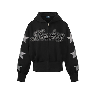 DARKAGE原创美式复古字母烫钻春秋开衫拉链连帽卫衣宽松重磅帽衫