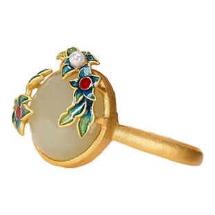 万紫千红镀S925银景泰蓝仿和田玉珍珠戒指复古宫廷梅花女士指环