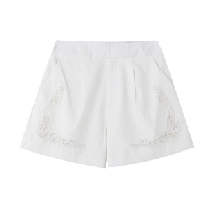 MISS COCOON可可尼亚麻高腰刺绣裤子2025秋季新款休闲白色短裤女