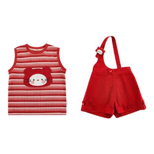 幼悠 女童夏季原创设计苹果猫咪贴布绣花条纹无袖背心/单肩背带裤