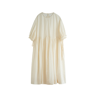 古苔 有袖连衣裙 淡黄色温温柔柔有腰线小个子友好日系文艺裙子女